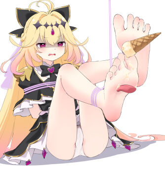 1girl antenna_hair arms_behind_back bare_legs barefoot bdsm bilingual_commentary black_bow black_bowtie black_capelet black_dress blonde_hair blush bondage bound bound_feet bow bowtie brooch capelet chinese_commentary commentary_request crossed_bangs cure_arcana_shadow d: diamond_hairband disembodied_tongue disgust dress feet feet_up food food_on_foot foot_focus foot_worship forehead_jewel frilled_capelet frills frown furrowed_brow gem gold_trim gradient_hair hair_between_eyes hair_bow hair_intakes hairband heart heart_brooch highres ice_cream ice_cream_cone jewelry licking licking_foot long_hair looking_at_viewer magical_girl medium_dress meitantei_precure! mixed-language_commentary mo_moon moria_luluka multicolored_hair open_mouth panties pantyshot partial_commentary pink_eyes pink_hair precure purple_gem purple_veil restrained shaded_face shadow simple_background sitting sleeveless sleeveless_dress soles solo spread_toes toes tongue two-tone_hair underwear veil very_long_hair white_background white_panties