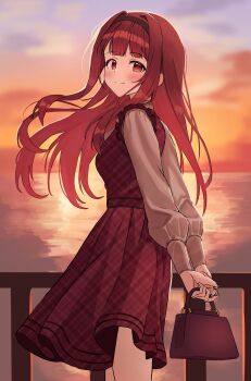 Rule 34 | 1girl, absurdres, arms behind back, bag, blush, breasts, closed mouth, commentary, cowboy shot, dress, floating hair, floris (saber13), from side, hairband, handbag, highres, holding, holding bag, idolmaster, idolmaster million live!, idolmaster million live! theater days, long hair, long sleeves, looking at viewer, looking to the side, official alternate costume, outdoors, plaid clothes, plaid dress, private dress (idolmaster million live!), red dress, red eyes, red hair, smile, solo, standing, sunset, tanaka kotoha, tanaka kotoha (private dress), white sleeves