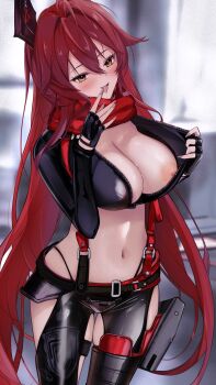 1girl 462vvv absurdres antenna_hair belt black_belt black_gloves black_jacket blush breasts cleavage clothing_cutout commentary_request cowboy_shot crotch_plate double-parted_bangs fingerless_gloves fingernails flashing gloves goddess_of_victory:_nikke hair_between_eyes hair_flaps highres hip_vent horns jacket large_breasts leather leather_jacket leather_pants leg_cutout licking licking_finger long_fingernails long_hair long_sleeves looking_at_viewer mechanical_horns navel nipples open_mouth opened_by_self pants presenting_breasts red_hair red_hood_(nikke) red_scarf saliva scarf sidelocks skindentation smile solo standing stomach suspenders tongue tongue_out unzipped very_long_hair yellow_eyes zipper