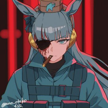 Rule 34 | 1girl, animal ears, artist name, blood, blood on face, blue eyes, blue hair, blue jacket, cigar, commentary, cosplay, cyan (horse race tests), english commentary, eyepatch, gold ship (umamusume), highres, horse ears, horse girl, horse race tests, jacket, kuso otoko, looking at viewer, metal gear (series), metal gear solid v: the phantom pain, parody, solo, upper body, venom snake, venom snake (cosplay)