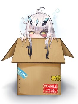 1girl ahoge blush box cardboard_box commentary_request facial_mark fate/grand_order fate_(series) forked_eyebrows highres long_hair looking_at_viewer melusine_(fate) melusine_(third_ascension)_(fate) sidelocks solo tutuuraura88 white_hair yellow_eyes
