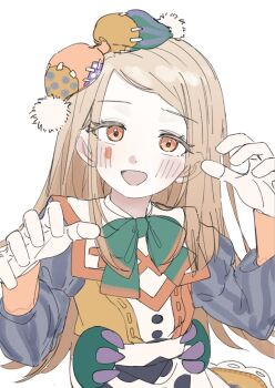 1girl absurdres blonde_hair blush bow bowtie collared_shirt doll_joints facial_mark fancy_dress_party_(idolmaster) green_bow green_bowtie hands_up hat highres jester jester_cap joints juliet_sleeves long_hair long_sleeves looking_at_viewer meeeeeeco359 multicolored_hat multicolored_shirt open_mouth orange_eyes puffy_sleeves shinosawa_hiro shirt simple_background solo swept_bangs teardrop_facial_mark upper_body white_background
