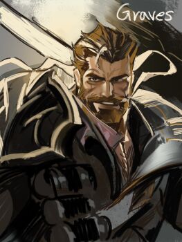 1boy armor beard black_eyes brown_hair cigarette connected_beard dopey_(dopq) facial_hair graves_(league_of_legends) gun highres league_of_legends looking_at_viewer male_focus mature_male sentinel_graves short_hair shotgun shoulder_armor smoking teeth upper_teeth_only weapon