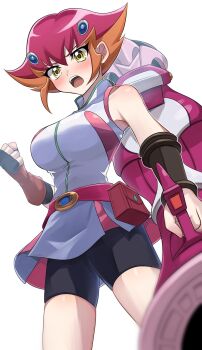 1girl artist_request bike_shorts blush breasts clenched_hand fingerless_gloves from_below gloves highres kouzuki_anna large_breasts looking_at_viewer multicolored_hair open_mouth orange_hair pink_hair short_hair solo teeth two-tone_hair yellow_eyes yu-gi-oh!