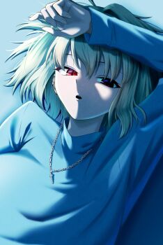 1girl ahoge arcueid_brunestud blonde_hair commentary_request hair_intakes hand_on_own_head highres jewelry necklace on_bed open_mouth partially_shaded_face profile red_eyes short_hair solo solo_focus sweater tsukihime tsukihime_(remake) turtleneck turtleneck_sweater white_sweater yowatari_party