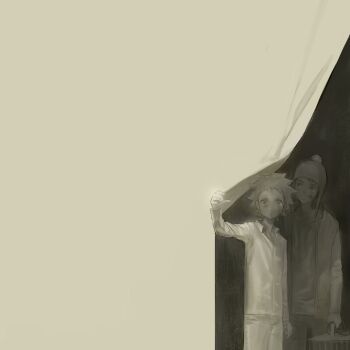 2boys absurdres bags_under_eyes bandaid bandaid_on_cheek bandaid_on_face beanie carrying collared_shirt craig_tucker earflap_beanie greyscale hat highres holding_hands jacket long_sleeves looking_at_viewer male_focus messy_hair monochrome multiple_boys pants pom_pom_(clothes) pom_pom_beanie shirt south_park tweek_tweak weakbat yaoi