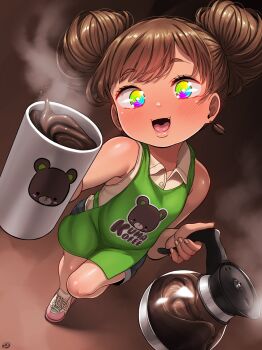 1girl :3 animal_print apron barista bear_print blue_shorts blush born-to-die brown_background brown_hair clothes_writing coffee coffee_mug coffee_pot cup denim denim_shorts double_bun drink earrings fangs food-themed_earrings green_apron hair_bun holding holding_coffee_pot holding_cup jewelry looking_at_viewer mug multicolored_eyes open_mouth original print_apron rainbow_eyes shirt shoes shorts sleeveless sleeveless_shirt smile sneakers standing standing_on_one_leg steam white_shirt white_shoes