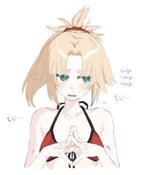 Rule 34 | 1girl, absurdres, bikini, blonde hair, breasts, commentary request, fate/grand order, fate (series), front-tie bikini top, front-tie top, green eyes, highres, mordred (fate), mordred (swimsuit rider) (fate), mordred (swimsuit rider) (first ascension) (fate), nakamoto (kutqbqre), ponytail, red bikini, small breasts, solo, steepled fingers, sweatdrop, swimsuit, upper body