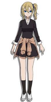 1girl anime_coloring black_socks blonde_hair blue_eyes blue_nails blue_scrunchie breasts brown_cardigan cardigan cardigan_around_waist closed_mouth clothes_around_waist collarbone collared_shirt full_body hair_between_eyes hair_ornament hair_scrunchie hayasaka_ai kaguya-sama_wa_kokurasetai_~tensai-tachi_no_renai_zunousen~ long_hair long_sleeves looking_at_viewer medium_breasts nail_polish official_art school_uniform scrunchie shirt shoes shuuchiin_academy_school_uniform side_ponytail sidelocks simple_background socks solo standing sweater sweater_around_waist transparent_background white_shirt white_shoes yahiro_yuuko