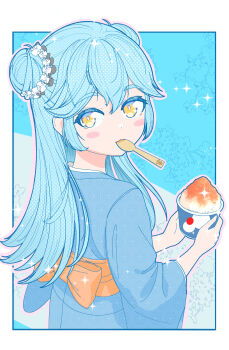 Rule 34 | 1girl, :3, absurdres, aqua hair, blue kimono, blush stickers, border, cup, disposable cup, disposable ice cream cup, double bun, food, hair bun, highres, hirose miina, holding, holding cup, japanese clothes, kimono, long hair, looking at viewer, looking back, obi, outside border, reisen2142, sash, shaved ice, shine post, solo, sparkle, spoon, utensil in mouth, white border, yellow eyes