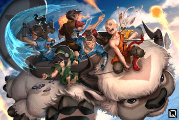 2girls 3boys aang appa arm_guards artist_logo avatar:_the_last_airbender avatar_legends bald black_hair boomerang brown_hair dark_skin element_bending everyone fighting_stance fingerless_gloves fire flying gloves hydrokinesis katara kuroi-tsuki logo looking_at_viewer momo_(avatar) multiple_boys multiple_girls open_mouth pyrokinesis riding rock saddle sokka toph_beifong water zuko