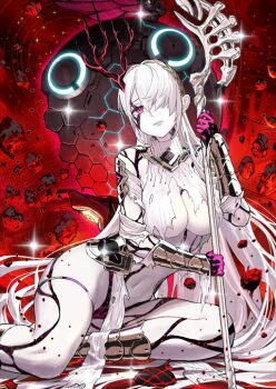 Rule 34 | 1girl, absurdly long hair, bare shoulders, boots, breasts, cleavage, colored skin, cracked skin, demeter (fate), demeter erinyes (fate), dress, fate/grand order, fate (series), gloves, glowing, hair between eyes, hair ornament, hair over one eye, high heels, holding, holding weapon, horns, jewelry, large breasts, long hair, looking at viewer, lying, medium breasts, navel, official art, okojo, pale skin, red background, red eyes, solo, thighs, torn clothes, very long hair, weapon, white hair, white skin, wings