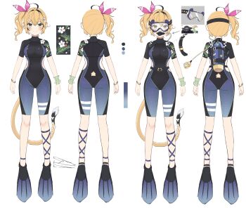 1girl absurdres ahoge black_hair black_wetsuit blonde_hair blue_wetsuit bodysuit bracelet breasts commentary diving_mask diving_regulator diving_suit dooby_(summer) dooby double-parted_bangs english_commentary flippers flower full_body goggles green_eyes hair_between_eyes hair_flower hair_ornament hair_ribbon hairclip highres indie_virtual_youtuber jerboa jerboa_tail jewelry medium_breasts multicolored_hair multiple_views o-ring o-ring_thigh_strap official_alternate_costume official_alternate_hairstyle official_art oxygen_tank parallel_hairclips pink_ribbon reference_sheet ribbon scuba_gear scuba_tank short_hair short_sleeves side_ponytail simple_background single_wrist_cuff springsuit streaked_hair thick_eyebrows thigh_strap toes turnaround virtual_youtuber wetsuit white_background wrist_cuffs yubbiidraw