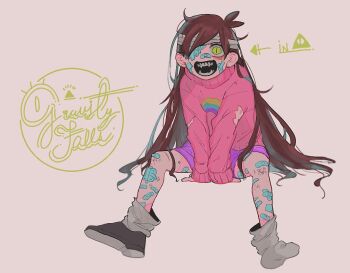 Rule 34 | 1girl, bags under eyes, bandaid, bandaid on leg, between legs, bill cipher, braces, brown hair, commentary request, copyright name, eyepatch, fangs, full body, gauze on knee, gravity falls, hand between legs, long hair, long sleeves, looking at viewer, loose socks, mabel pines, medical eyepatch, neg 50asu, open mouth, pink sweater, possessed, purple skirt, shoes, simple background, single shoe, sitting, skirt, slit pupils, socks, solo, sweater, torn clothes, torn sweater, white socks