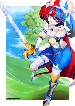 1girl absurdres animal_ears armor black_hair blue_hair blue_shorts blue_skirt bow bowtie commentary cosplay english_commentary female_alear_(fire_emblem) female_alear_(fire_emblem)_(cosplay) fire_emblem fire_emblem_engage garter_straps gloves gold_greaves gold_trim greaves hakos_baelz highres hololive hololive_english liberation_(fire_emblem) long_hair long_sleeves looking_at_viewer meiyoshima miniskirt mouse_ears mouse_girl mouse_tail multicolored_hair nintendo red_hair ribbon shirt shorts shorts_under_skirt skirt solo split-color_hair tail tail_ornament tail_ribbon thighhighs two-tone_hair white_bow white_bowtie white_shirt white_thighhighs