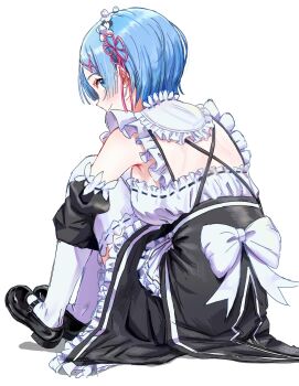 1girl apron back_bow blue_eyes blue_hair blush bow breasts closed_mouth commentary_request detached_sleeves dress frilled_dress frilled_sleeves frills from_behind full_body hair_ornament hair_ribbon highres hugging_own_legs knees_up looking_at_viewer looking_back maid maid_headdress mary_janes nuuuuu_oxo pink_ribbon re:zero_kara_hajimeru_isekai_seikatsu rem_(re:zero) ribbon ribbon-trimmed_clothes ribbon_trim roswaal_mansion_maid_uniform shoes short_hair simple_background sitting smile solo thighhighs white_apron white_background white_bow white_thighhighs x_hair_ornament