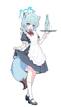 1girl alternate_costume animal_ears apron black_dress black_shoes blue_archive blue_eyes bottle commentary dress enmaided frilled_apron frills full_body glass green_hair halo highres holding holding_tray lmg7811 looking_at_viewer maid maid_headdress open_mouth puffy_short_sleeves puffy_sleeves shigure_(blue_archive) shoes short_hair short_sleeves smile socks solo tail tray weasel_ears weasel_girl weasel_tail white_apron white_socks