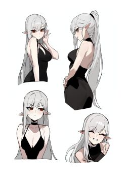 1girl absurdres black_dress blush borrowed_character breasts cleavage closed_mouth commentary cropped_torso dot_mouth dress grin highres large_breasts long_hair multiple_views original pointy_ears ponytail red_eyes rusellunt simple_background smile tearing_up vampire_(gogalking) white_background white_hair white_mouth
