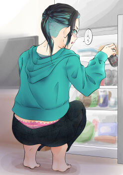 1girl absurdres aqua_eyes aqua_hair aqua_hoodie barefoot black_hair can commentary_request drink_can full_body highres holding holding_can hood hood_down hoodie long_sleeves looking_back multicolored_hair open_mouth original panties pink_panties ponytail refrigerator short_hair solo speech_bubble squatting translation_request two-tone_hair undercut underwear variant_set yu_fukumoto