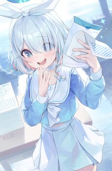 1girl absurdres arona_(blue_archive) blue_archive blue_eyes blue_hair blue_halo blue_pupils blue_shirt blurry blurry_background blush bow braid choker colored_inner_hair commentary_request cowboy_shot day desk dutch_angle envelope hair_bow hair_over_one_eye hairband halo highres holding holding_envelope holding_paper korean_commentary long_sleeves looking_at_viewer manila_envelope midriff_peek multicolored_hair neckerchief open_mouth paper pink_hair pleated_skirt puffy_long_sleeves puffy_sleeves revision sailor_collar school_desk school_uniform see-through_silhouette shirt short_hair side_braid single_braid skirt smile solo standing sweat teeth tongue two-tone_hair um_111 upper_teeth_only white_bow white_choker white_neckerchief white_sailor_collar white_skirt