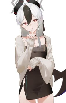 Rule 34 | 1girl, black choker, black dress, black hair, blue archive, breasts, bright pupils, choker, cleavage, commentary, cowboy shot, demon horns, demon wings, dress, ear piercing, finger to mouth, grey halo, grey jacket, halo, highres, horns, jacket, kayoko (blue archive), kayoko (dress) (blue archive), long hair, looking at viewer, low wings, medium breasts, multicolored hair, official alternate costume, open clothes, open jacket, piercing, red eyes, simple background, single wing, sla2h help, solo, two-tone hair, white background, white hair, white pupils, wings