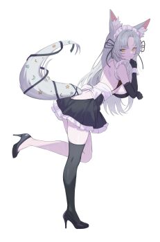 1girl absurdres animal_ears back backless_dress backless_outfit bare_legs bare_shoulders black_dress black_gloves black_shoes black_thighhighs breasts commission dress elbow_gloves eun_soyeon_(lustyfox) fox_ears fox_girl fox_tail frilled_dress frills from_side full_body gloves high_heels highres large_breasts leg_up long_hair looking_at_viewer looking_to_the_side maid maid_headdress original parted_bangs shoes sideboob single_thighhigh sleeveless sleeveless_dress solo standing standing_on_one_leg tail tail_raised thighhighs thighs white_hair yellow_eyes ysoa26