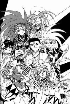 1990s_(style) 1boy 6+girls aged_up breasts cabbit cleavage dark_skin dated facial_mark forehead_mark greyscale hair_pulled_back hakubi_washuu harem highres kajishima_masaki kuramitsu_mihoshi looking_at_viewer masaki_aeka_jurai masaki_sasami_jurai masaki_tenchi monochrome multiple_girls open_mouth pimp retro_artstyle ryou-ouki ryouko_(tenchi_muyou!) signature smile spiked_hair tenchi_muyou! tenchi_muyou!_ryou-ouki tokimi tsunami_(tenchi_muyou!)