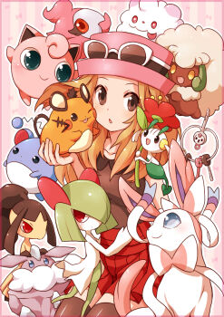 10s 1girl bad_id bad_pixiv_id black_thighhighs blonde_hair brown_eyes carbink chestnut_mouth chorefuji clefairy cottonee dedenne eyewear_on_head floette floette_(red_flower) gen_1_pokemon gen_2_pokemon gen_3_pokemon gen_5_pokemon gen_6_pokemon hat jigglypuff kirlia klefki long_hair marill mawile nintendo open_mouth pleated_skirt pokemon pokemon_(creature) pokemon_xy porkpie_hat serena_(pokemon) skirt spritzee striped_background sunglasses swirlix sylveon thighhighs whimsicott