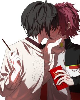 Rule 34 | 2boys, bangs pinned back, black jacket, blush, box, closed eyes, commentary, ensemble stars!, food, grabbing another's chin, hand on another's chin, hand up, highres, holding, holding box, holding food, holding pocky, isara mao, jacket, kiss, long sleeves, male focus, multiple boys, n (wykh4laaxa7w1kk), pocky, pocky kiss, sakuma ritsu, shared food, shirt, short hair, sidelocks, sweat, sweater, upper body, white shirt, white sweater, yaoi