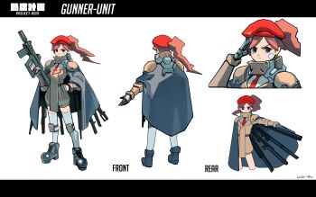 Rule 34 | 1girl, absurdres, armor, assault rifle, beret, black cloak, brown hair, cloak, commentary, cyborg, english commentary, full body, gun, hand on own hip, hat, highres, holding, holding gun, holding weapon, knee pads, koutetu yarou, letterboxed, necktie, original, ponytail, red necktie, reference sheet, rifle, salute, science fiction, shoulder armor, thighhighs, weapon, white thighhighs