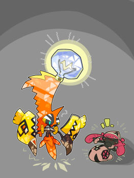 >_< ? aqua_eyes blush closed_eyes commentary_request full_body gen_7_pokemon glowing grey_background highres kokekuntoasyan laughing legendary_pokemon lying nintendo notice_lines on_back outline pokemon pokemon_(creature) pokemon_focus solid_oval_eyes tapu_koko tapu_lele terastallization white_outline