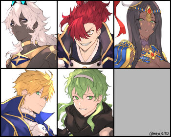 1girl 4boys absurdres arjuna_(fate) arjuna_alter_(fate) arjuna_alter_(first_ascension)_(fate) armor arthur_pendragon_(fate) black_hair blonde_hair breasts choker cleavage commentary crazy_eyes crazy_grin crazy_smile dark-skinned_female dark-skinned_male dark_skin david_(fate) david_(third_ascension)_(fate) fate/grand_order fate_(series) frown green_eyes green_hair grin hair_over_one_eye hairband highres large_breasts mori_nagayoshi_(fate) mori_nagayoshi_(second_ascension)_(fate) multiple_boys neck_ribbon parted_lips purple_choker red_eyes red_hair ribbon scheherazade_(fate) sharp_teeth shoulder_armor smile teeth tofu_(bean359) twitter_username very_dark_skin white_hair white_hairband