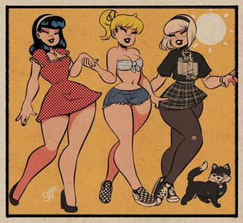 3girls absurdres archie_(comic) betty_cooper black_hair black_pantyhose black_shirt black_shoes black_skirt blonde_hair blue_shorts border cat checkered_shoes dan_decarlo_(style) denim denim_shorts dress high_heels highres multicolored_shoes multiple_girls orange_background outside_border pantyhose plaid_clothes plaid_skirt polka_dot polka_dot_dress red_dress retro_artstyle sabrina_spellman sabrina_the_teenage_witch salem_saberhagen sgtmadness shirt shoes short_shorts shorts skirt two-tone_shoes veronica_lodge white_border white_hair white_shoes