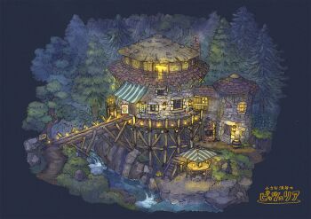 architecture beach_umbrella bridge cliff forest grass green_umbrella highres nature night no_humans original outdoors path poppo_sutchy river road rock scenery steam striped_umbrella table translation_request umbrella