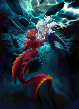 2girls absurdres air_bubble alternate_universe artist_name asphyxiation breasts bubble closed_eyes completely_nude drowning fins floating_hair gundam gundam_suisei_no_majo highres kaereth kneeless_mermaid long_hair mermaid miorine_rembran monster_girl multiple_girls nude ocean pants pointy_ears red_hair scales shipwreck shirt storm suletta_mercury tail underwater webbed_hands white_hair white_shirt wreckage