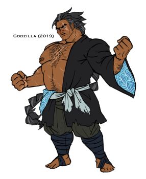 1boy bara bare_pectorals belly blue_dress dress forked_eyebrows full_body godzilla godzilla:_king_of_the_monsters godzilla_(monsterverse) godzilla_(series) goji_(faemothra) grey_hair highres large_pectorals lins_(faemothra) male_focus mature_male monsterverse muscular muscular_male nipples original pectorals personification scar solo sparse_chest_hair standing strongman_waist tachi-e thick_arm_hair thick_eyebrows thick_navel_hair toho