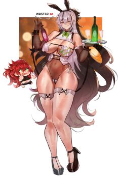 2girls absurdres alcohol animal_ears black_hair bow bowtie breasts chibi commentary covered_navel deccatezu elbow_gloves english_commentary english_text fake_animal_ears fate/grand_order fate_(series) gloves green_eyes grey_hair hair_between_eyes heart high_heels highres holding holding_tray large_breasts leotard licking_lips long_hair looking_at_viewer multiple_girls nagao_kagetora_(fate) playboy_bunny ponytail rabbit_ears red_hair see-through_clothes speech_bubble spoken_heart thighhighs tongue tongue_out tray very_long_hair yellow_eyes