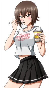 1girl black_skirt breasts brown_eyes brown_hair clothes_writing cup curry eating food girls_und_panzer highres holding holding_cup holding_spoon instant_noodles large_breasts nishizumi_maho nissin_cup_noodle nissin_cup_noodle_curry omachi_(slabco) pleated_skirt shirt simple_background skirt spoon upper_body white_background white_shirt
