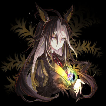 1girl ahoge animal_ears black_hair chess_piece cropped_torso dream_journey_(reminder_of_dreamland)_(umamusume) dream_journey_(umamusume) glasses gloves highres horse_ears horse_girl lace lace_gloves long_hair looking_at_viewer multicolored_hair purple_eyes single_glove smile solo two-tone_hair umamusume watermark white_hair yue_(lov_n_n)