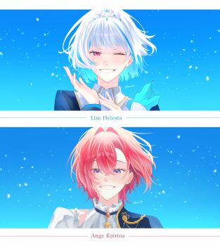 Rule 34 | 2girls, absurdres, aiguillette, ange katrina, ao s2p, blue background, blue cape, blue hair, blush, cape, character name, clothing cutout, collared shirt, colored inner hair, commentary request, crossed bangs, eyelashes, frilled shirt collar, frills, grin, hair between eyes, hair intakes, hands up, highres, lize helesta, long bangs, looking at viewer, medium hair, multicolored hair, multiple girls, nijisanji, nijisanji idol uniform, one eye closed, portrait, purple eyes, red hair, shirt, short hair, shoulder cutout, side cape, silver tiara, smile, sparkle, straight-on, streaked hair, twitter username, two-tone hair, virtual youtuber, white hair, white shirt, wolf cut