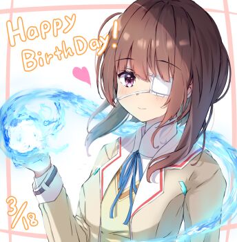 1girl blue_ribbon blunt_bangs blush brown_hair closed_mouth commentary_request dated eyepatch eyes_visible_through_hair hand_up happy happy_birthday heart heaven_burns_red highres hiiragi_kozue hitodama jacket long_sleeves looking_at_viewer medical_eyepatch medium_hair neck_ribbon one_eye_covered open_clothes open_jacket purple_eyes ribbon shirt simple_background smile solo tatika714 upper_body white_background white_shirt yellow_jacket