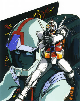 1980s_(style) 1boy aiming aiming_at_viewer amuro_ray beam_rifle cockpit energy_gun grin gundam helmet highres looking_at_viewer machinery mecha mikimoto_haruhiko mobile_suit mobile_suit_gundam oldschool pilot pilot_chair pilot_suit retro_artstyle robot rx-78-2_gundam scan science_fiction screen serious smile spacesuit traditional_media v-fin weapon