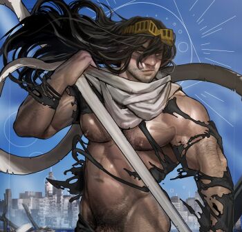 1boy aizawa_shota alternate_muscle_size arm_hair bara beard_stubble black_hair boku_no_hero_academia chest_hair commentary cropped english_commentary facial_hair highres large_pectorals long_hair male_focus male_pubic_hair navel nude paid_reward_available pectorals penis_out_of_frame pubic_hair solo stubble torn_clothes veins zenpei