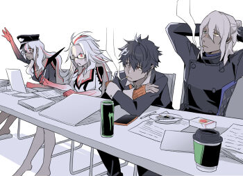 2boys 2girls ai_the_somnium_files ai_the_somnium_files:_nirvana_initiative aiba_(ai_the_somnium_files) arm_up arms_behind_head arms_up ashtray bespectacled black_hair black_jacket book breasts brown_eyes can cellphone chair cigarette cigarette_pack cleavage commentary_request computer crossed_arms cup date_kaname disposable_coffee_cup disposable_cup energy_drink frown glasses green_eyes grey_hair hat heterochromia highres holding holding_cigarette holding_pen jacket laptop large_breasts leaning_forward monster_energy mouth_hold multicolored_hair multiple_boys multiple_girls on_chair ookutsuwa_waga orange_sweater paper pen phone pink_eyes pink_streaks police_hat ryuki_kuruto shirt sitting sleeve_cuffs smartphone smoke smoking streaked_hair sweater tama_(ai_the_somnium_files) tic-tac-toe two-tone_hair white_background white_hair white_shirt yellow_eyes