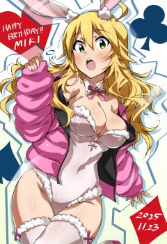 1girl :o absurdres animal_ear_fluff animal_ears birthday blonde_hair bow bowtie breasts character_name club_(shape) covered_navel cowboy_shot dated detached_collar green_eyes hand_up happy_birthday highres hoshii_miki idolmaster idolmaster_(classic) jacket leotard long_hair long_sleeves open_clothes open_jacket open_mouth pink_bow pink_bowtie pink_jacket pink_leotard playboy_bunny rabbit_ears solo strapless strapless_leotard teeth thighhighs tokiani upper_teeth_only