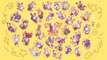 ! !! +++ 6+boys ? ?? ^^^ alternate_universe animal_ears ant_tenna apron belt beret black_belt black_hat black_pants blue_tongue blush bow bowtie cable cable_tail cape cat_ears chibi chibi_only chromatic_aberration cigar closed_mouth colored_tongue cowboy_hat crt cup defernull deltarune demon_tail demon_wings electric_plug electric_plug_tail english_text fang flower flying_sweatdrops grin hat highres holding holding_cigar holding_cup holding_lasso holding_lighter holding_microphone holding_scythe iiranunculus lasso lighter long_nose male_focus mechanical_tail microphone multiple_boys multiple_persona object_head open_mouth outline pants pointy_nose radio_antenna red_apron red_bow red_bowtie scythe sharp_teeth shirt simple_background skin_fang smile smoking star_(symbol) sunflower sunglasses tail tailcoat teeth tongue tongue_out utdr_(toby_fox) vampire_costume whiskers white_apron white_outline white_shirt wings yellow_background