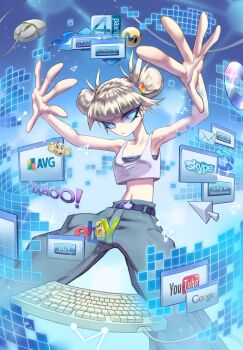 1girl 4shared absurdres avg_antivirus b0throps belt belt_buckle black_belt blonde_hair blue_eyes buckle butterfly_hair_ornament cd commentary computer_keyboard computer_mouse crop_top cursor double_bun ebay emoticon english_commentary envelope frutiger_aero google grey_pants hair_bun hair_ornament highres holographic_interface icon_(computing) logo mediafire midriff msn_messenger navel original outstretched_hand pants retrofuturism skype solo tank_top thumbs_up white_tank_top window_(computing) y2k_fashion yahoo! youtube
