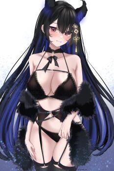 Rule 34 | acedia, asymmetrical horns, bikini, black hair, blue hair, breasts, choker, fur, garter straps, grin, hair ornament, highres, hololive, hololive english, horn ornament, horns, large breasts, lingerie, long hair, mole, mole under eye, multicolored hair, nerissa ravencroft, panties, red eyes, ribbon, smile, swimsuit, thighhighs, underwear, uneven horns, virtual youtuber