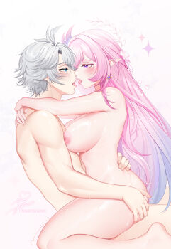 1boy 1girl absurdres arms_around_neck arms_around_waist blue_eyes breasts cyrene_(honkai:_star_rail) earrings fevermoon grabbing_another&#039;s_ass grey_hair groping headband highres honkai:_star_rail honkai_(series) jewelry nipples phainon_(honkai:_star_rail) pink_eyes pink_hair saliva sex sitting sitting_on_person tagme tongue tongue_out