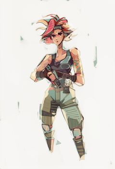 Rule 34 | 1girl, arm tattoo, black eyes, collarbone, gloves, gun, handgun, headband, highres, holding, holding gun, holding weapon, knee pads, looking at viewer, meryl silverburgh, metal gear (series), metal gear solid, michaelfirman, red hair, short hair, simple background, solo, tank top, tattoo, weapon